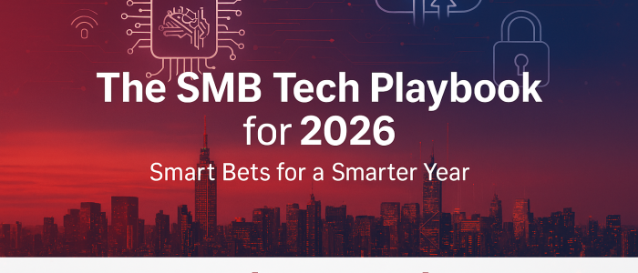 A city skyline with a title and logo superimposed