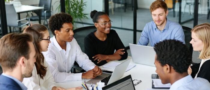 A group of businesspeople collaborating in a conference room