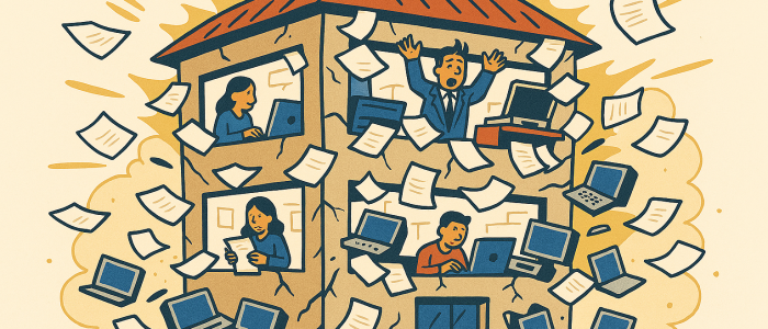 A humorous image of a small office building bursting at the seams with papers, people, and computers.