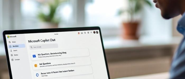 A man looking at a Copilot chat screen on a laptop.