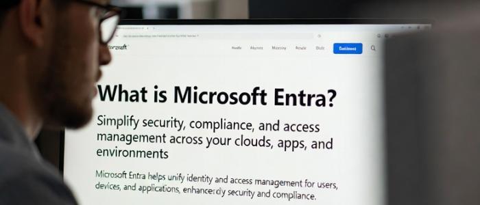 A person looking at a monitor with, "What is Microsoft Entra", on the screen.