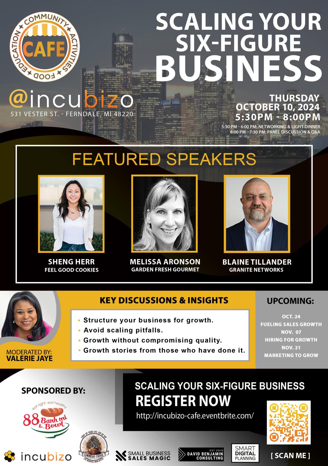 Image of invitation to event at Incubizo in Ferndale, Michigan on October 10, 2024 QR code is provided