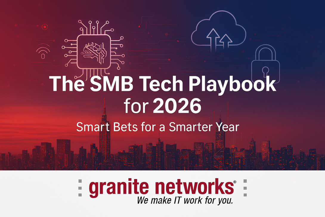 A city skyline with a title and logo superimposed