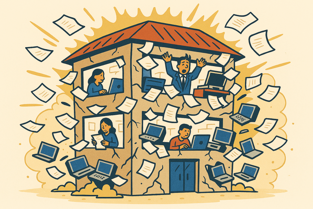 A humorous image of a small office building bursting at the seams with papers, people, and computers.