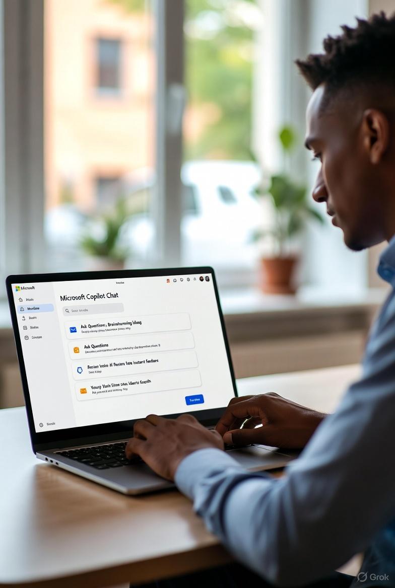 A man looking at a Copilot chat screen on a laptop.