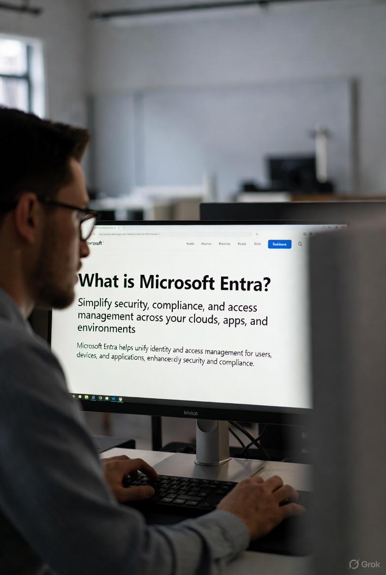 A person looking at a monitor with, "What is Microsoft Entra", on the screen.